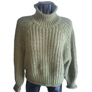 Lavon Olive Green Chunky Knit Wool Blend Cropped High Neck Sweater L